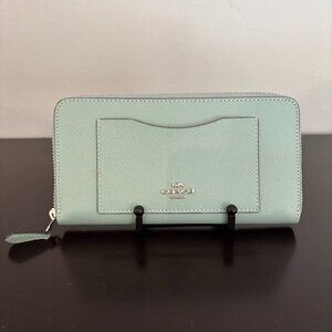 Coach Light Blue Crossgrain Leather Zip Around Accordion Wallet